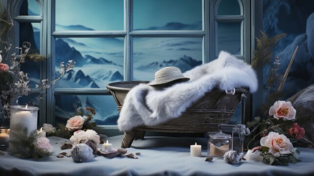 a chair with a fur stole on top of it in front of a window with flowers and candles around it.