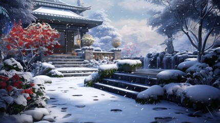  a painting of a snow covered garden with steps leading up to a gazebo and a pagoda in the background. - obrazy, fototapety, plakaty