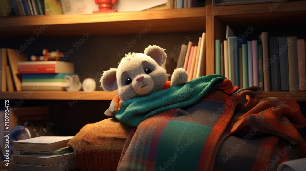 Poster a stuffed animal is wrapped in a blanket in front of a bookshelf with a bookcase full of books.