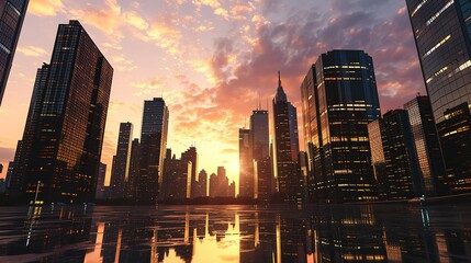Obraz premium Urban type background, silhouettes of business buildings during sunset. Created with Generative Ai technology