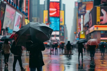 People holding umbrella under the rain in Times Square