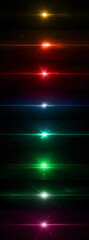 Multicolored Optical Solar Light Lens Flare Effect Isolated On Black Background. Lens Flare Effects. Collection of various colors of lens flairs set against a black background. Rainbow colors