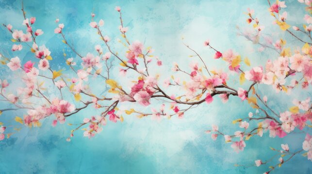  a painting of a tree branch with pink and yellow flowers on a blue background with a blue sky in the background.