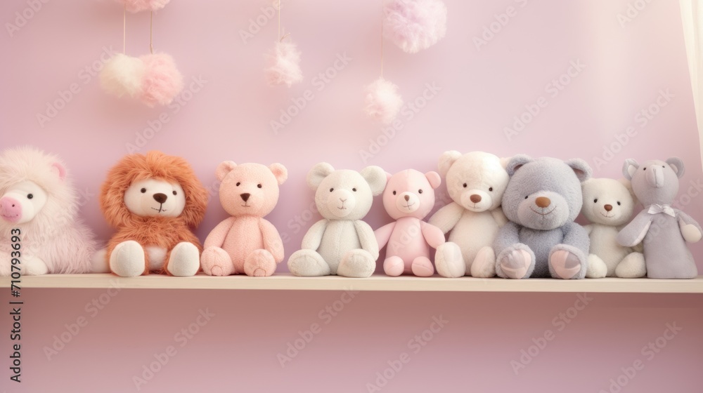 Poster a group of stuffed animals sitting on top of a shelf in front of a wall with clouds hanging from it.