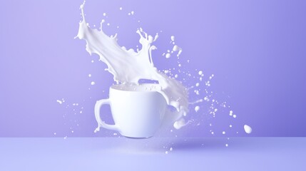  a splash of milk in a white cup on a blue and purple background with a splash of milk in the middle of the cup.