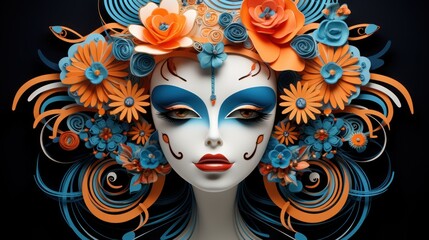  a woman's face painted with blue, orange and white flowers and a flower crown on top of her head.