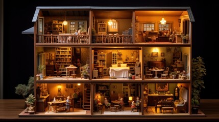  a doll house with a lot of furniture and lights on the inside of the house and on the outside of the house.