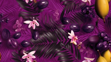  a bunch of fruit and flowers on a purple background with palm leaves and flowers on the right side of the image.