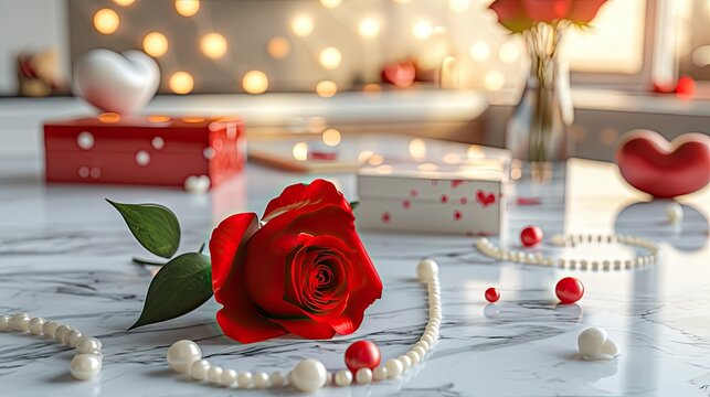 A chic Valentine's setting with a marble countertop, heart-shaped boxes, red rose and a pearl beads. 