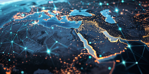 Fototapeta premium Abstract map of Saudi Arabia, Middle East and North Africa, concept of global network and connectivity, data transfer and cyber technology, information exchange and telecommunication