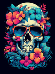 t-shirt design, a skull with sunglasses and flowers painted on it, in the sty created with Generative Ai