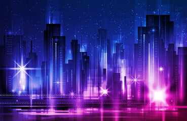 Cityscape at night. Skyline city silhouettes. City background with architecture, skyscrapers, megapolis, buildings, downtown.