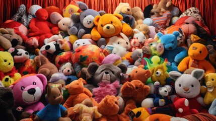  a large pile of stuffed animals sitting on top of a red cloth covered floor in front of a red curtain.