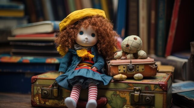  a doll sitting on top of a suit case next to a stuffed animal on top of a pile of books.