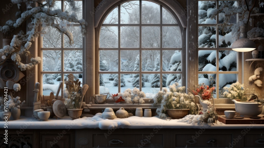 Poster a kitchen counter covered in snow next to a window with a view of a snowy forest outside of the wind