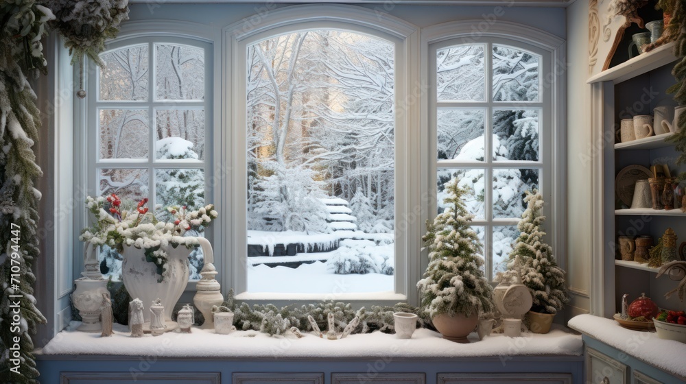 Poster a window with a view of a snow covered yard and trees in the window sill, and a vase with flowers on