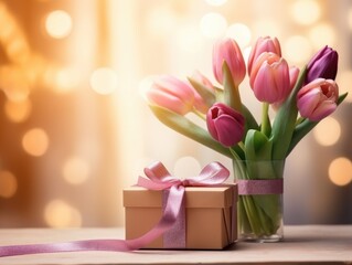 8 MARCH flowers and gift box on dining table