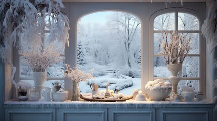  a window sill filled with lots of snow covered plants and vases on top of a window sill.