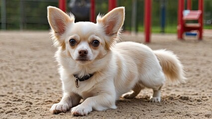 Cream long coat chihuahua dog in the playground