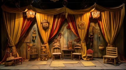  a stage set with curtains, chairs, and a stage set with a stage curtain on the side of the stage.