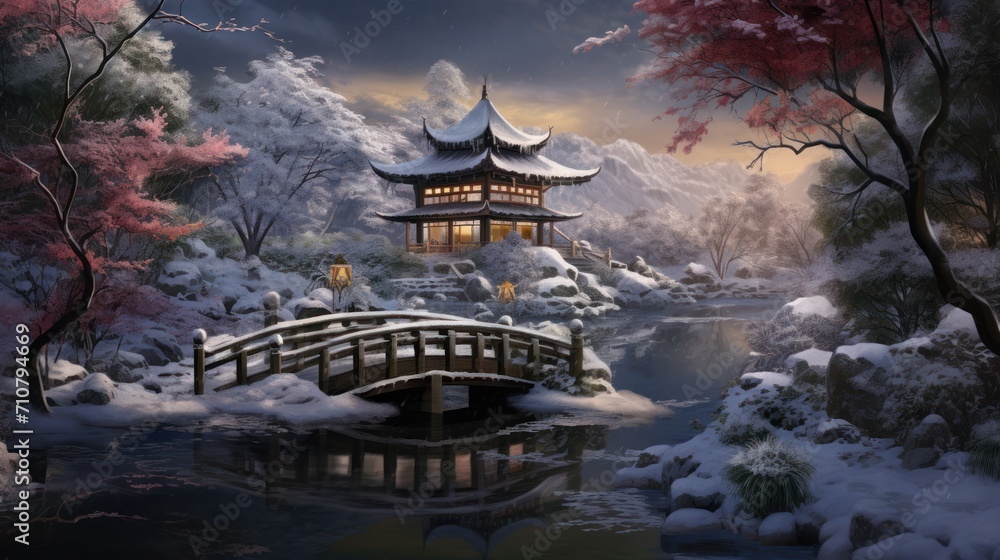 Poster a painting of a winter scene with a bridge over a stream and a pagoda in the background with snow on