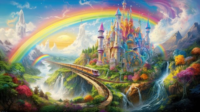  a painting of a castle on a hill with a rainbow in the sky and a train coming down the track.
