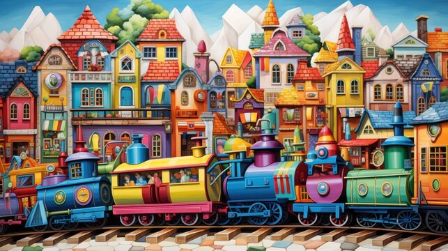  a painting of a colorful train on a train track in front of a city with buildings and a clock tower.