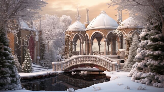  a digital painting of a winter scene with a bridge over a pond in front of a building with arched windows.