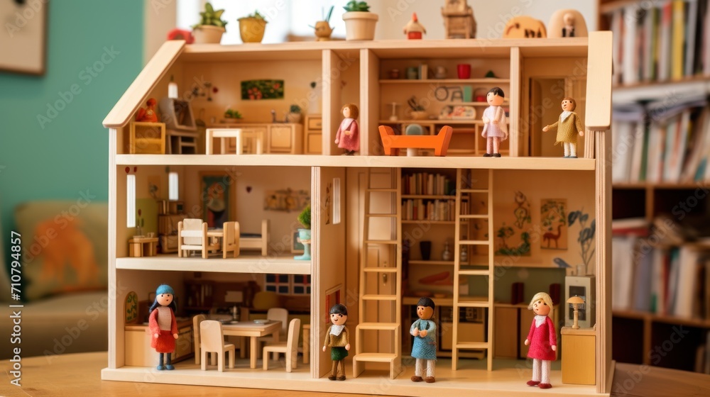 Poster a doll house with people inside of it on a table in front of a bookshelf filled with books.
