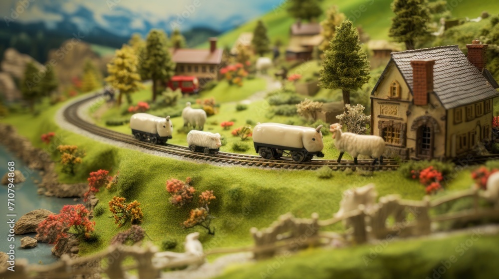 Poster a model of a farm with sheep and a train on the tracks and a house on the other side of the track.