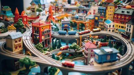 Foto op Canvas  a close up of a toy town with a train on the tracks and a lot of cars on the road. © Olga