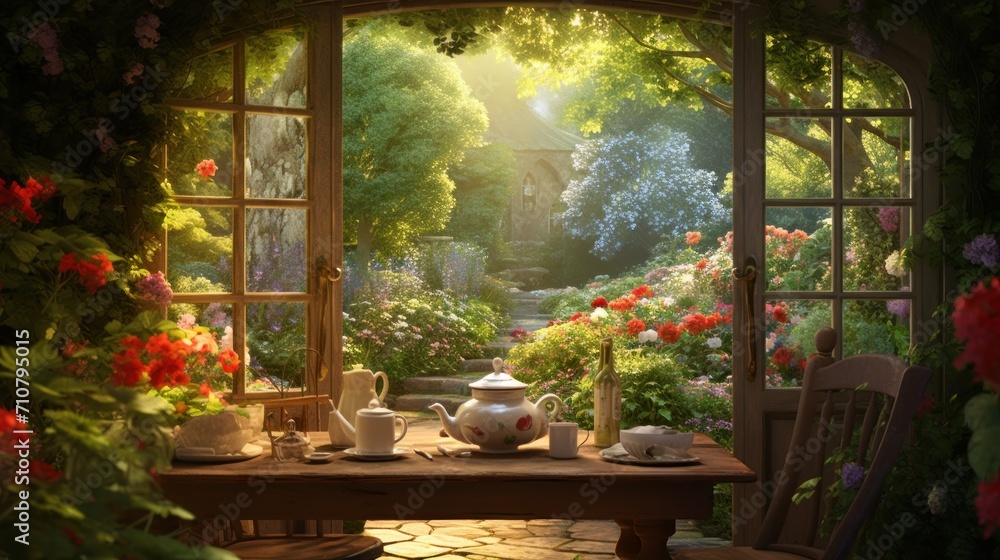 Poster a table with a tea pot and tea cups on it in front of a window with a view of a garden.