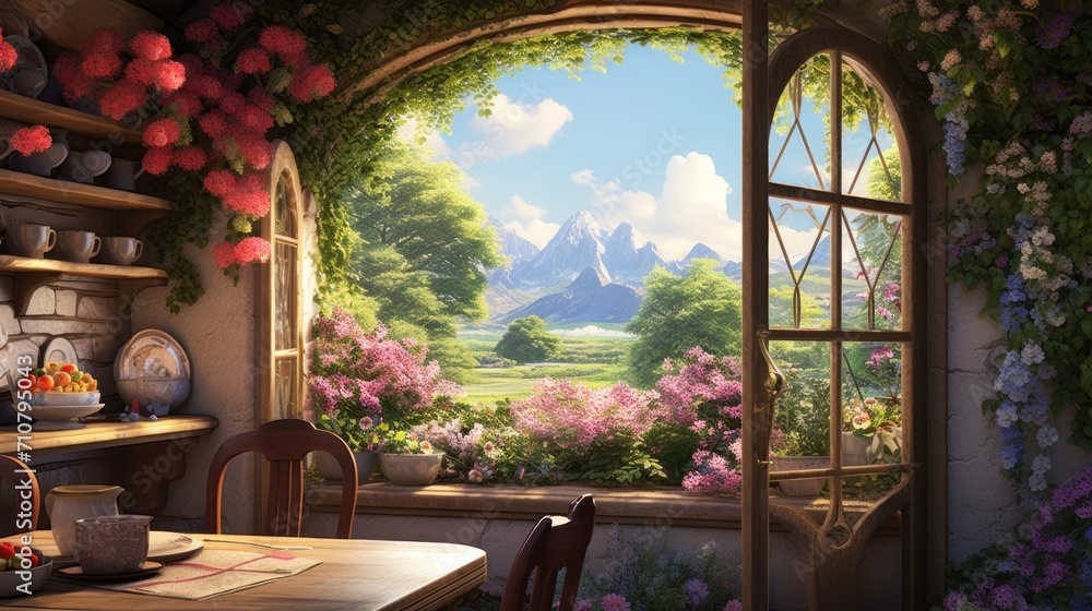 Poster a painting of a window with a view of a mountain range and flowers on the outside and a table with c