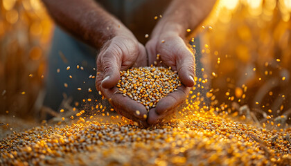 close-up grains of corn with farmer´s hands - obrazy, fototapety, plakaty