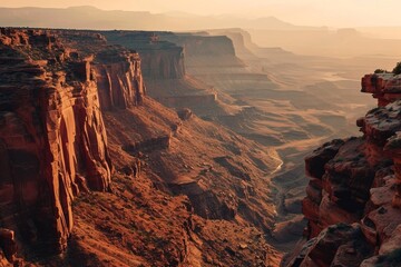 A majestic canyon at sunrise with neon terracotta veins in the rock formations and cliffs, - obrazy, fototapety, plakaty