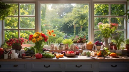  a kitchen counter topped with a bowl of fruit and vegetables next to a window filled with lots of greenery. - obrazy, fototapety, plakaty