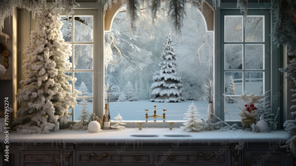 Poster a kitchen counter covered in snow next to a window with a view of a snowy forest outside of the wind
