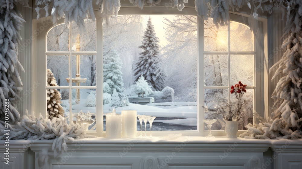 Poster a window with a view of a snowy landscape outside of it and a vase with a red flower on the window s