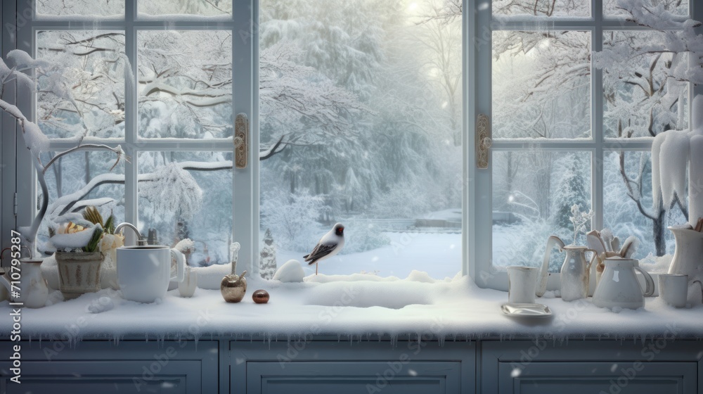 Poster a bird sitting on a window sill in front of a snow covered window with a bird on the window sill.