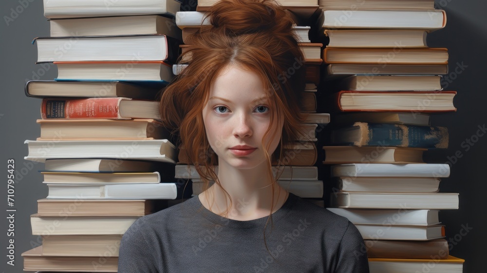 Aufkleber a woman standing in front of a stack of books with her head on the top of a stack of books.