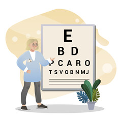 Eyesight Check illustration. Woman, doctor, board, letters. Editable vector graphic design.