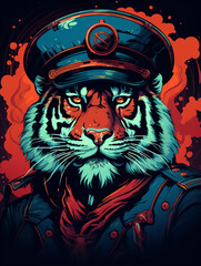 t-shirt design, sailor (tiger) digital artwork in the style of dark cyan and red created with Generative Ai