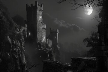 A moonlit castle with neon ghost white veins in the stone walls and towers,