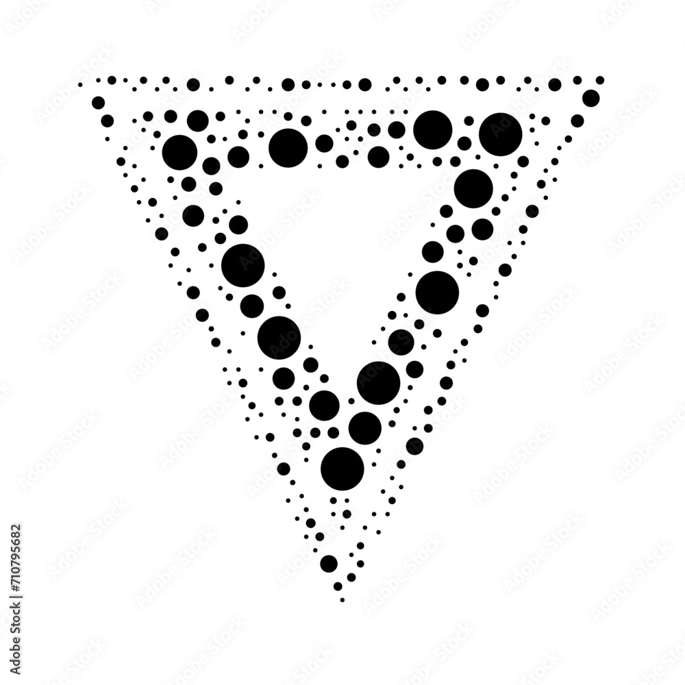 Poster a large give way sign in the center made in pointillism style. the center symbol is filled with blac