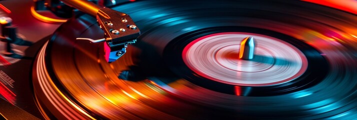 Turntable plays vinyl, high contrast and motion blur. Music banner