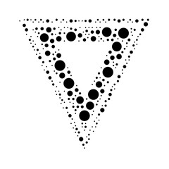 A large give way sign in the center made in pointillism style. The center symbol is filled with black circles of various sizes. Vector illustration on white background