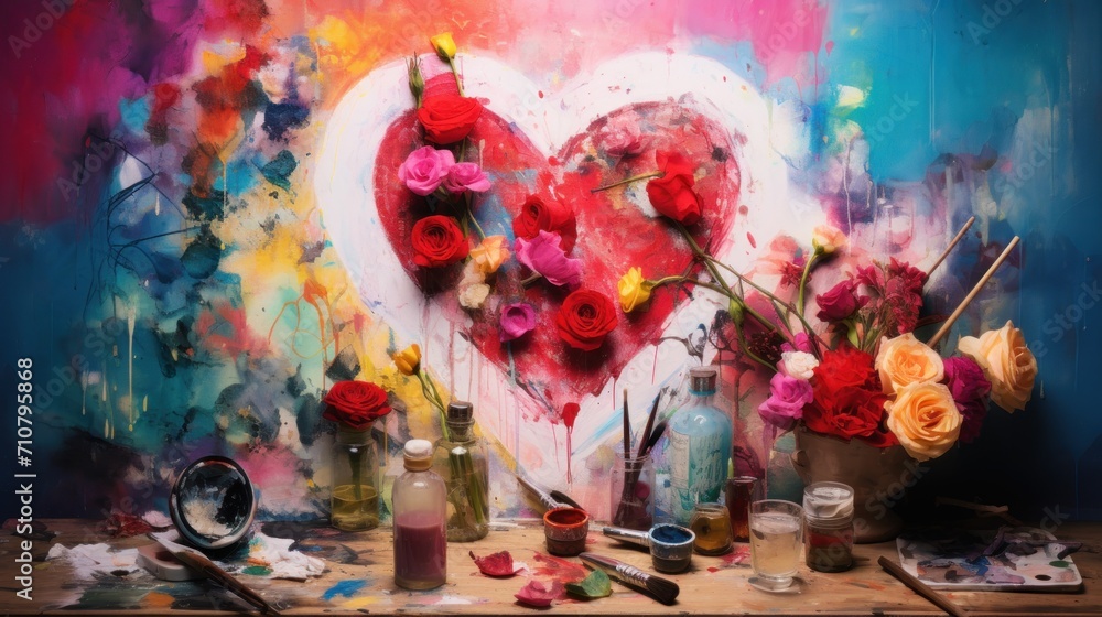 Poster a painting of a heart with flowers in vases and paintbrushes on a table in front of it.