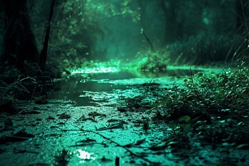 A mysterious swamp at night with neon dark green veins in the water and vegetation,
