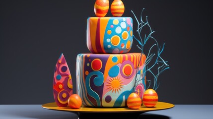  a multi - tiered cake on a yellow plate with orange and blue decorations on the top of the cake.