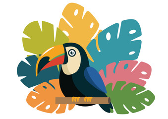 Colorful illustration of a toucan in the jungle with vegetation in the background